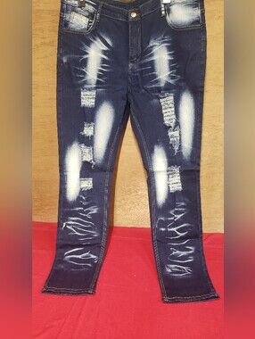 Men's Hungson Distressed Dark Blue Jeans With Bleach Effects -Slim Fit.  NWT